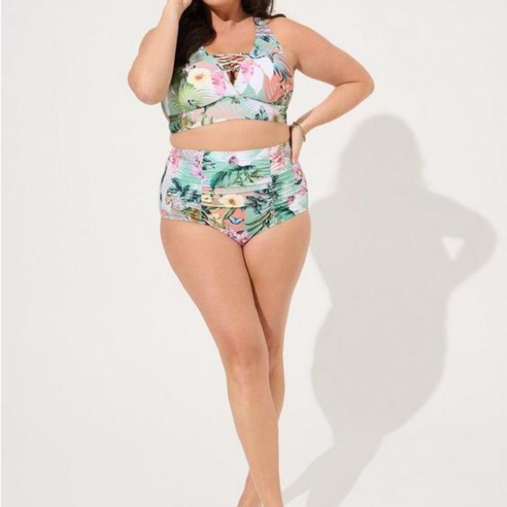 torrid Tropical Floral Crisscross High Waist Bikini in Mint & Coral - Picture 7 of 10